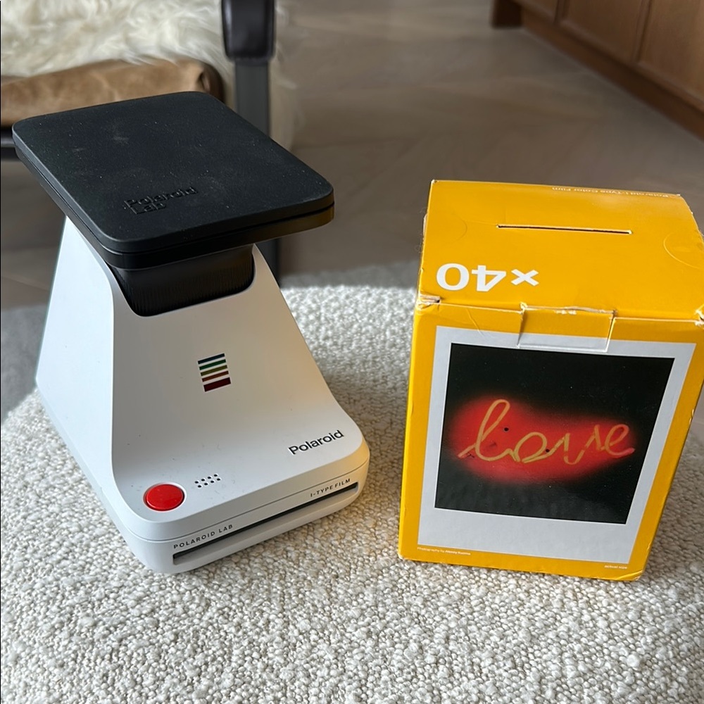 Polaroid Lab Photo Printer in White and Black with Yellow Film Box